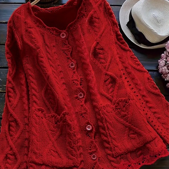 Perfect Red Holiday Cable Knit Scallop Trim Button Closure Cardigan Sweater - Picture 2 of 3